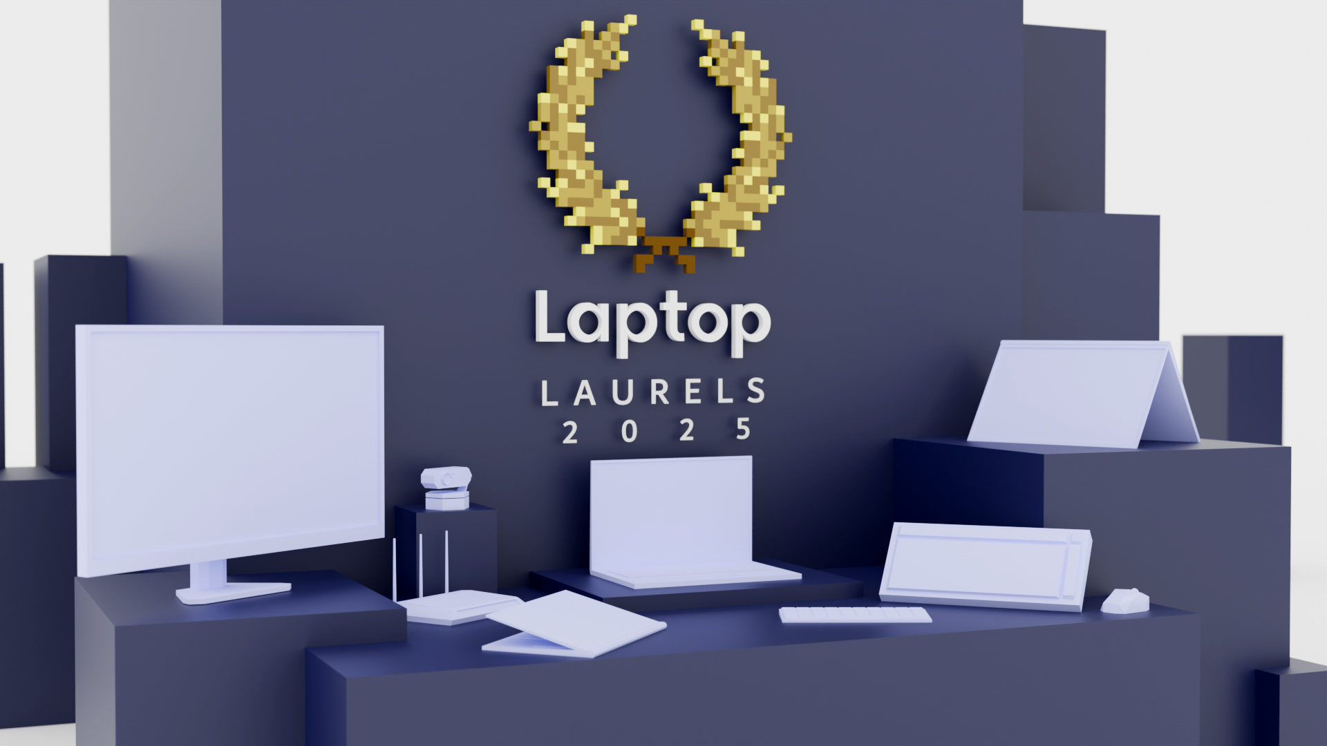 3D render of low-poly computers and computing accessories on podiums, including monitors, webcams, routers, mice, keyboards, and laptops beneath a Laptop Mag