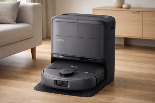 Eufy X10 Pro Omni robot vacuum and self-cleaning dock in a modern living room