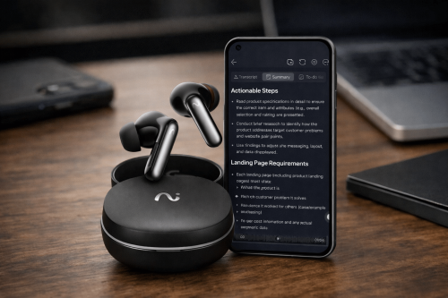 viaim RecDot earbuds and charging case on a premium desk setup with soft executive lighting