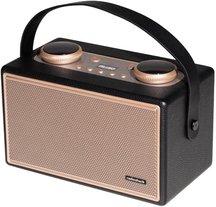 RadioShack 80W Retro Bluetooth Speaker on desk in modern workspace