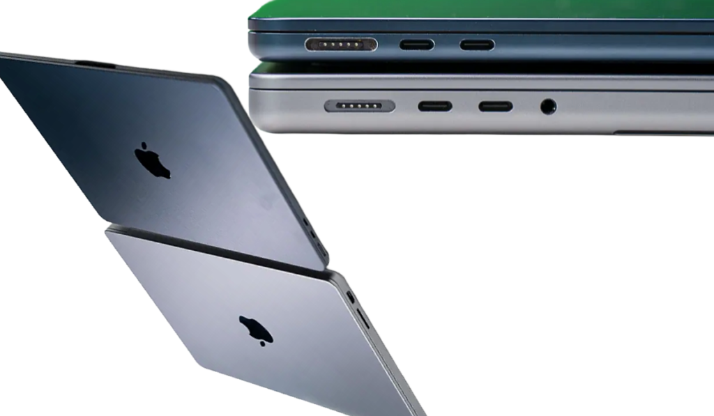 Three iPhones stacked diagonally, showing Apple logos and side ports against a white background.