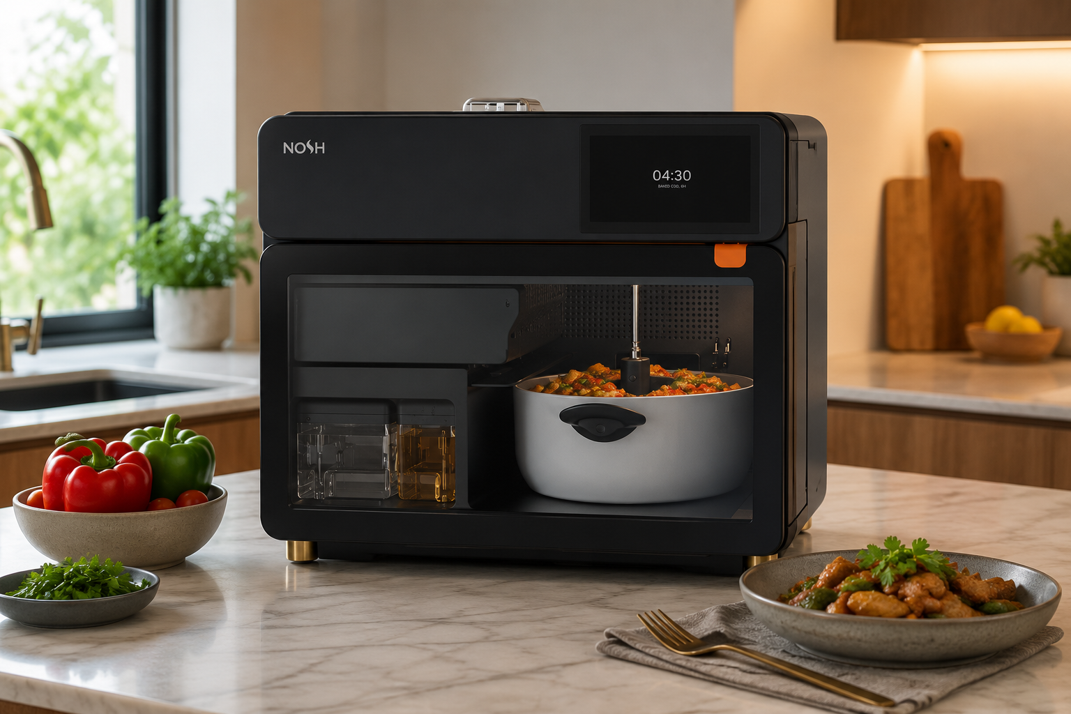 Nosh World's First Intelligent AI Robo-Chef for Homes preparing dinner in a modern luxury kitchen.
