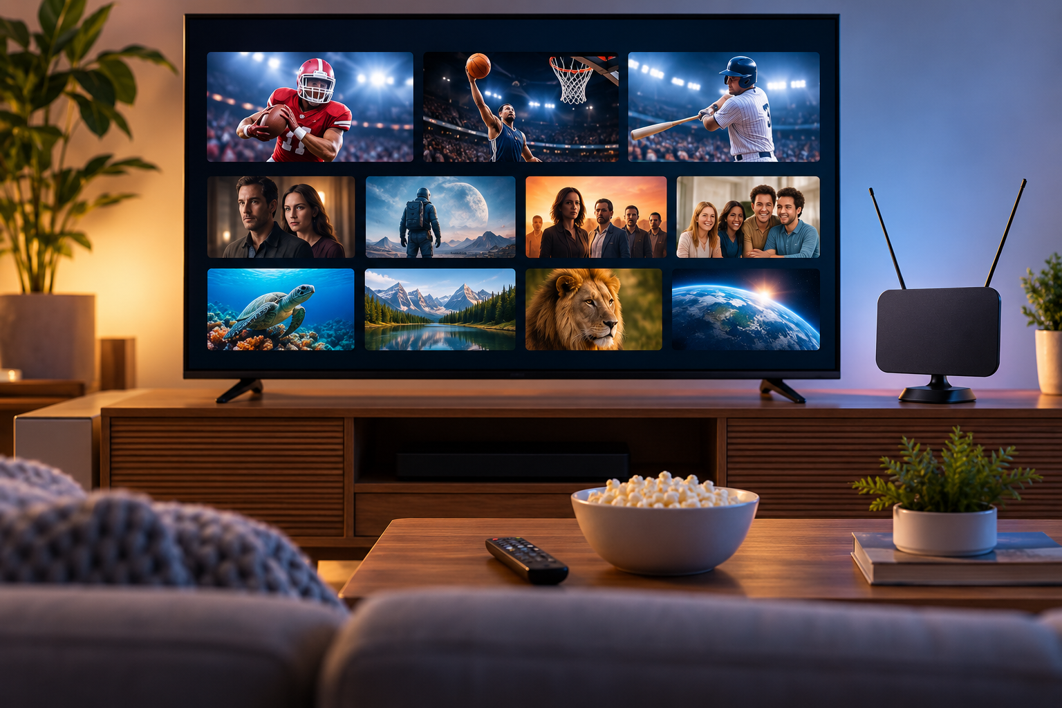 "Modern living room with a smart TV displaying sports, movies, TV series and documentaries, alongside an OTA antenna for cord-cutting and streaming entertainment."